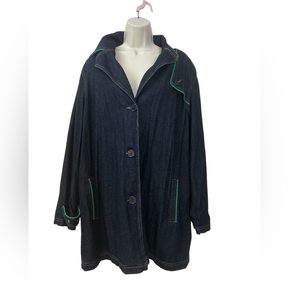 Venezia Women’s Plus Size 18/20 Dark Wash Denim Jacket with Green Trim and Hood - Picture 1 of 10